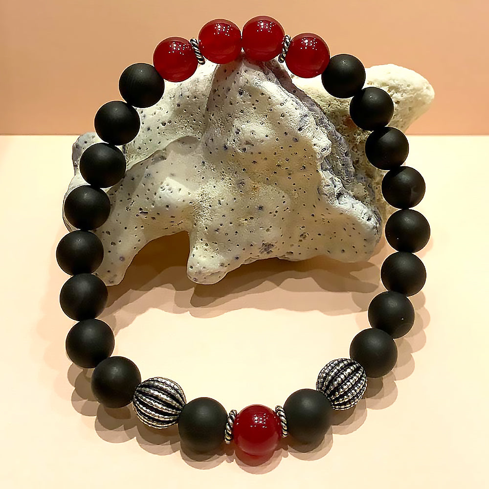 July Birthstone Healing Bracelet in Pink Jade and Black Agate