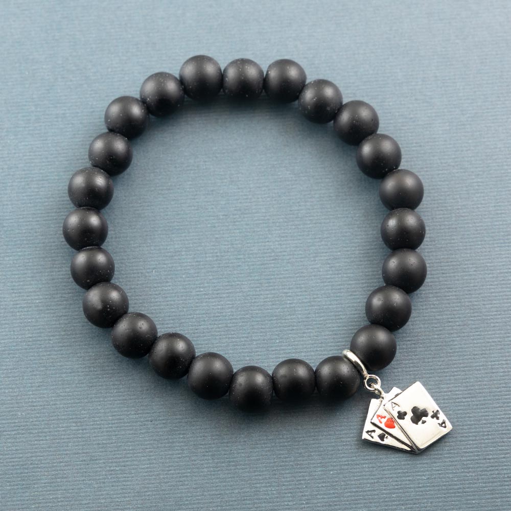 Teen Patti Silver Charm on Black Agate Elastic Bead Bracelet