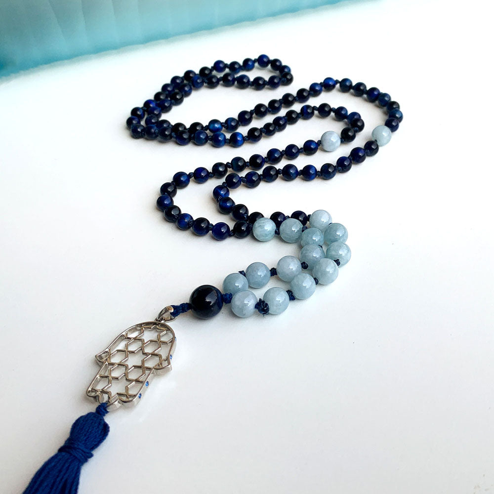 Good Luck & Protection Semi-Precious 108 Bead Japa Mala with Silver Hamsa
