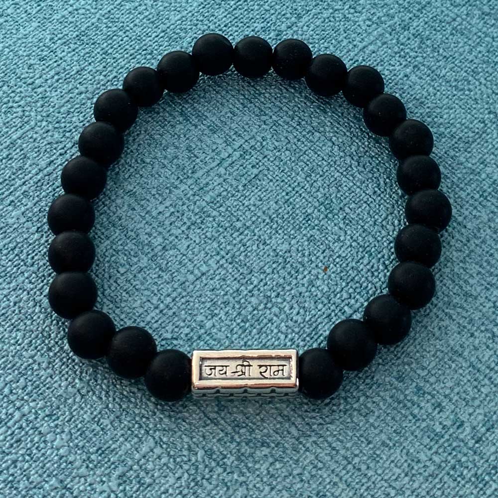 Jai Shri Ram Neev Silver Story Bead with Elastic Bead Bracelet in Black Agate