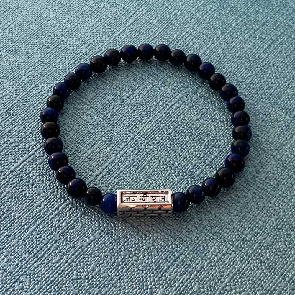 Jai Shri Ram Neev Silver Story Bead with Elastic Bead Bracelet in Blue Tiger's Eye