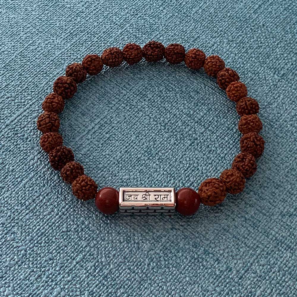 Jai Shri Ram Neev Silver Story Bead with Elastic Bead Bracelet in Red Jasper and Rudraksh