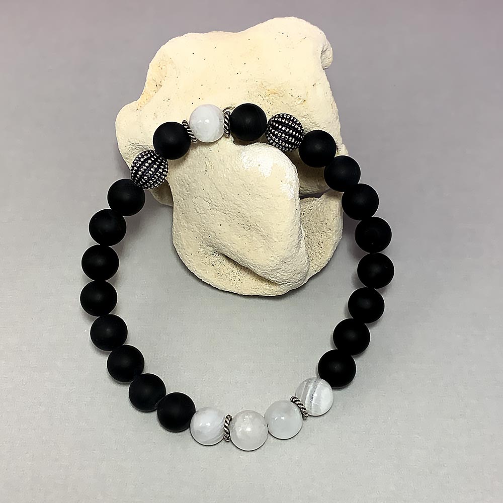 June Birthstone Healing Bracelet in Rainbow Moonstone and Black Agate