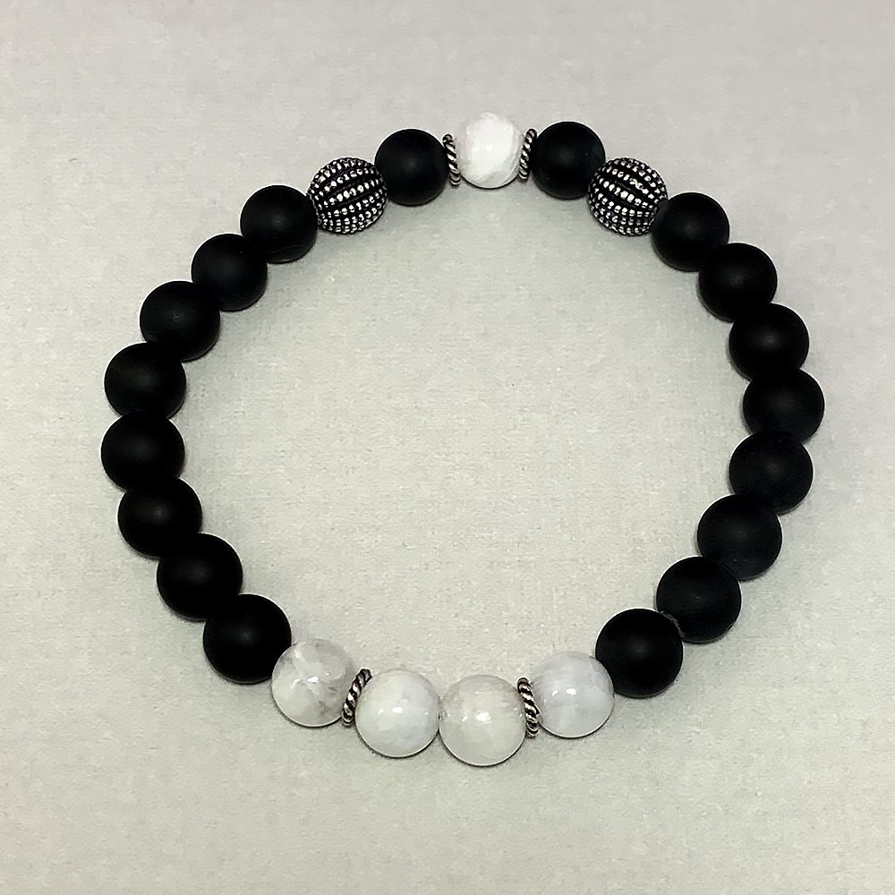 June Birthstone Healing Bracelet in Rainbow Moonstone and Black Agate