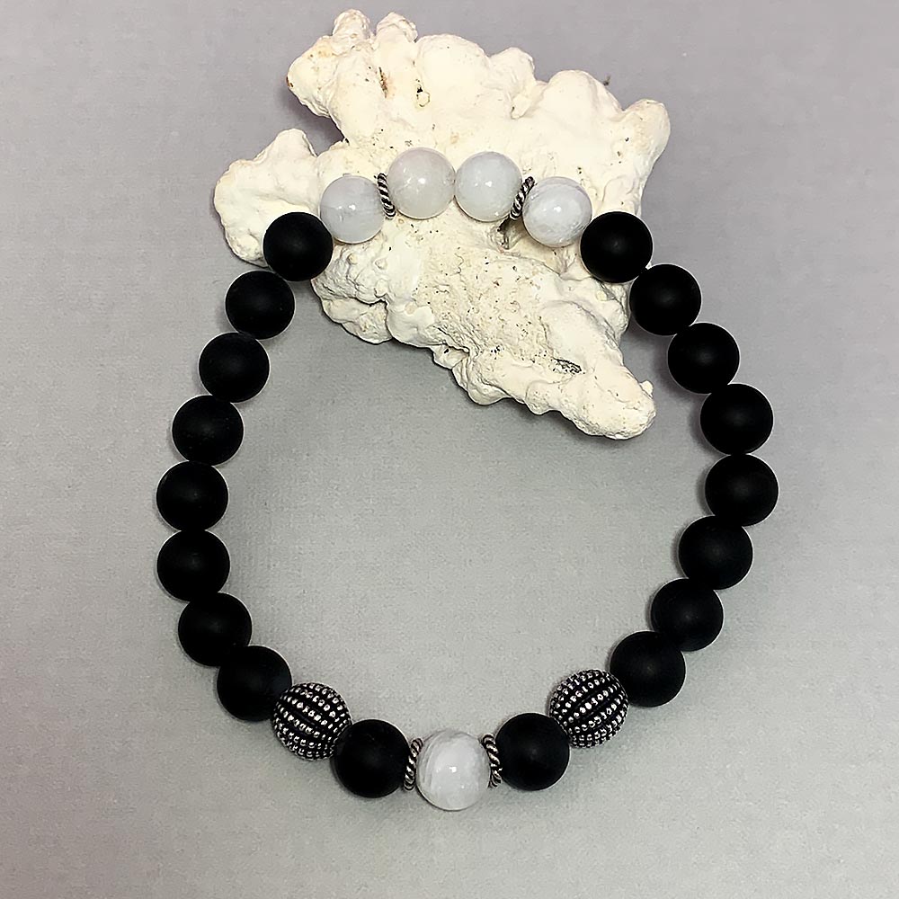 June Birthstone Healing Bracelet in Rainbow Moonstone and Black Agate