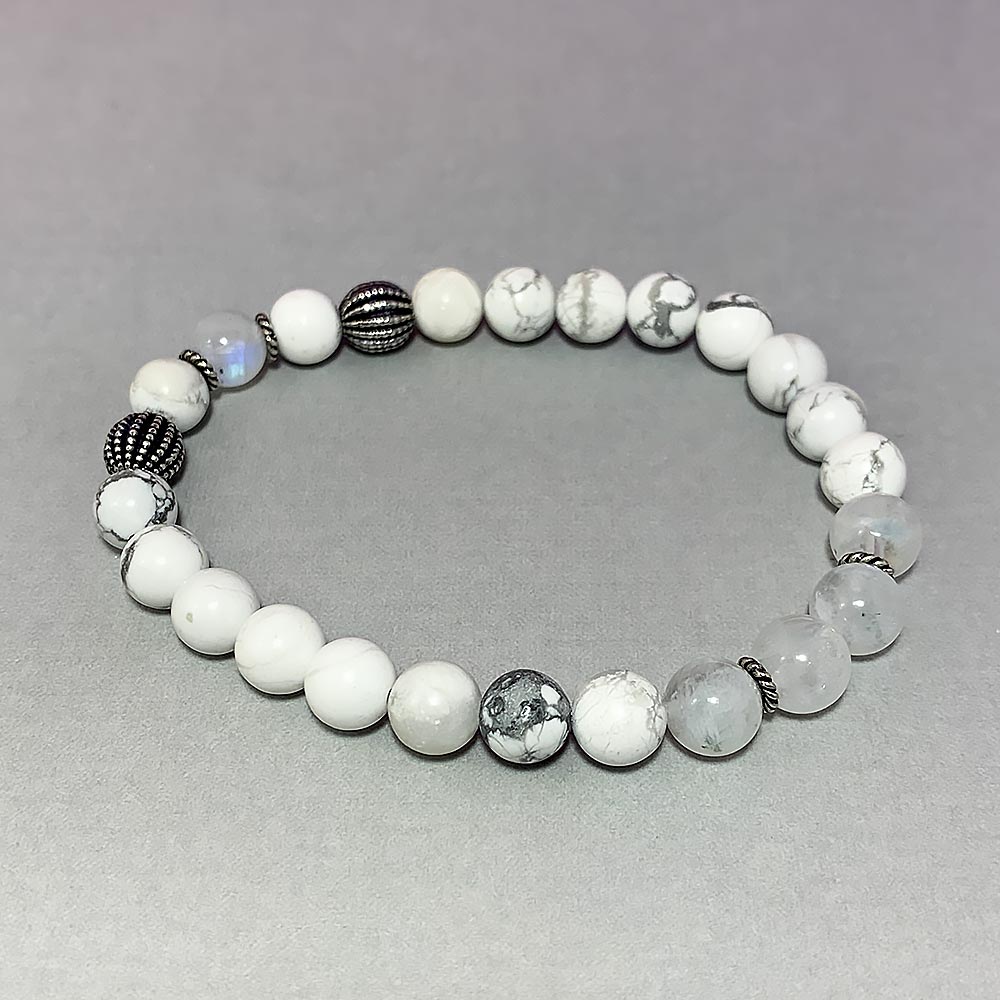 June Birthstone Healing Bracelet in Rainbow Moonstone and Howlite