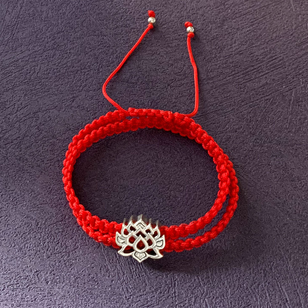 Lotus of Enlightenment Silver Story Bead with Double Layer Adjustable Friendship Bracelet in Red