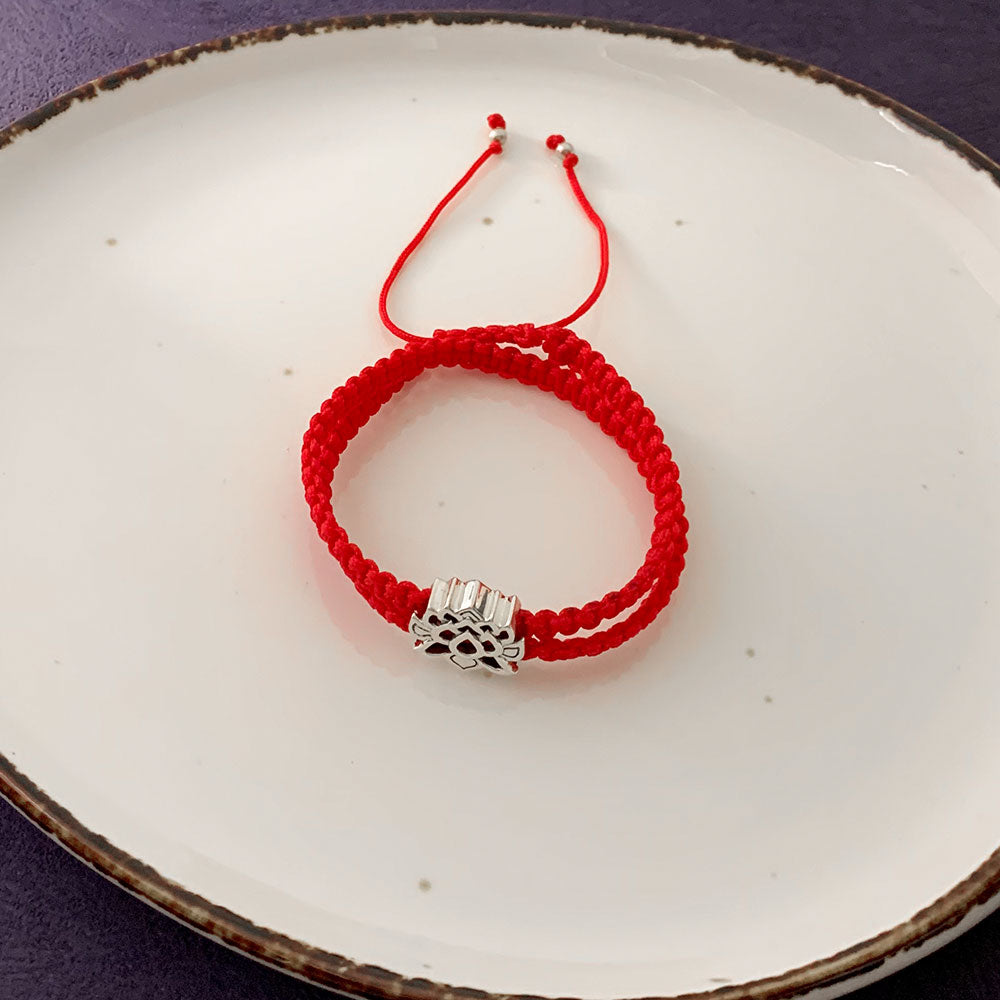 Lotus of Enlightenment Silver Story Bead with Double Layer Adjustable Friendship Bracelet in Red