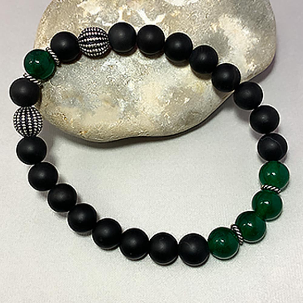 May Birthstone Healing Bracelet in Green Jade and Black Agate