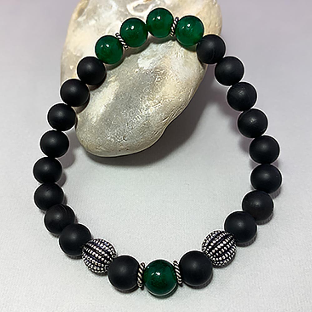 May Birthstone Healing Bracelet in Green Jade and Black Agate