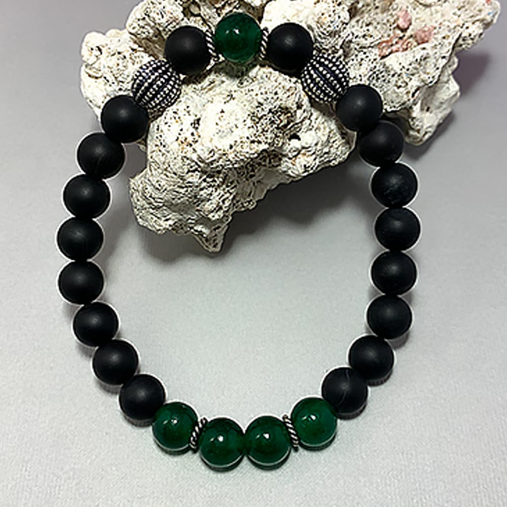 May Birthstone Healing Bracelet in Green Jade and Black Agate