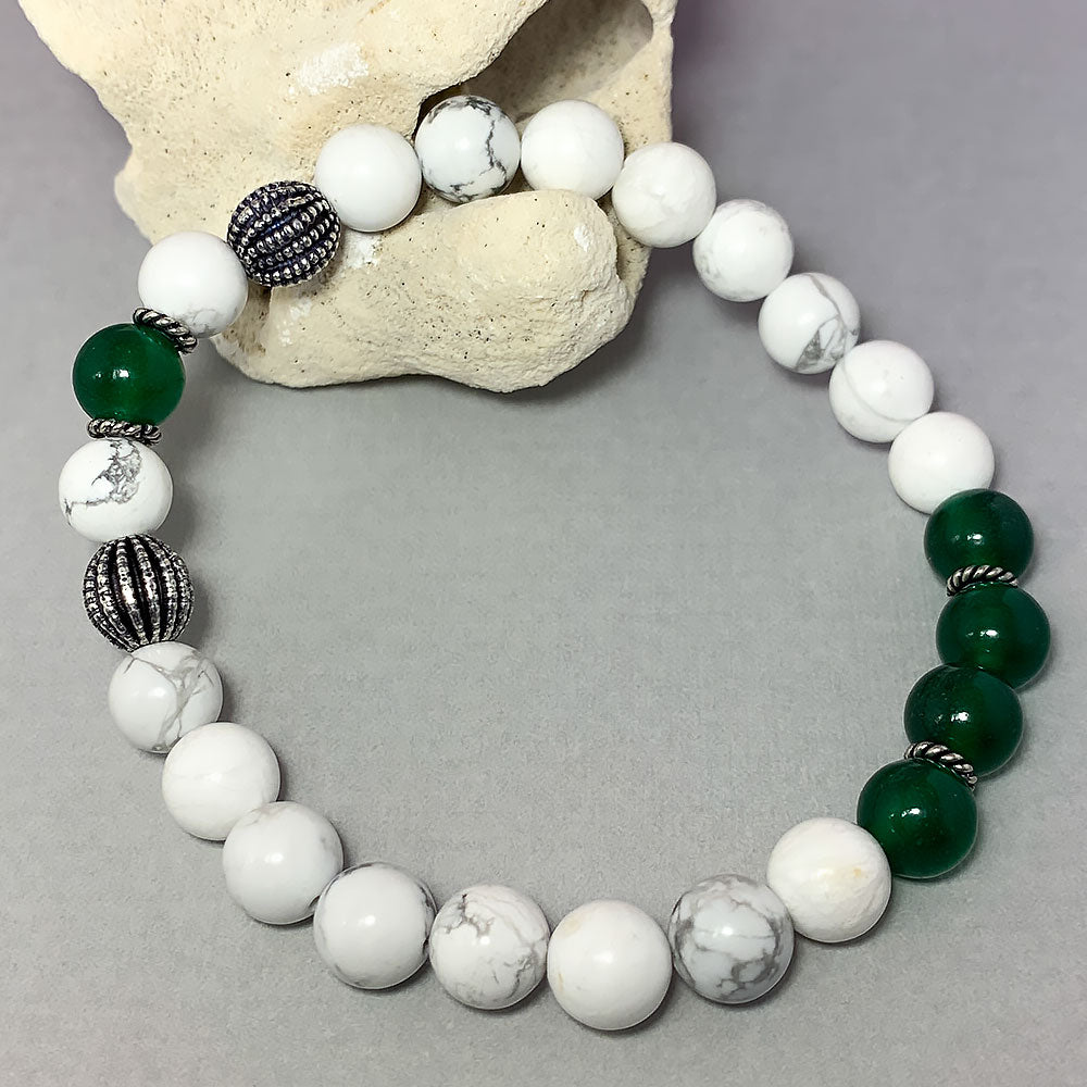 May Birthstone Healing Bracelet in Green Jade and Howlite