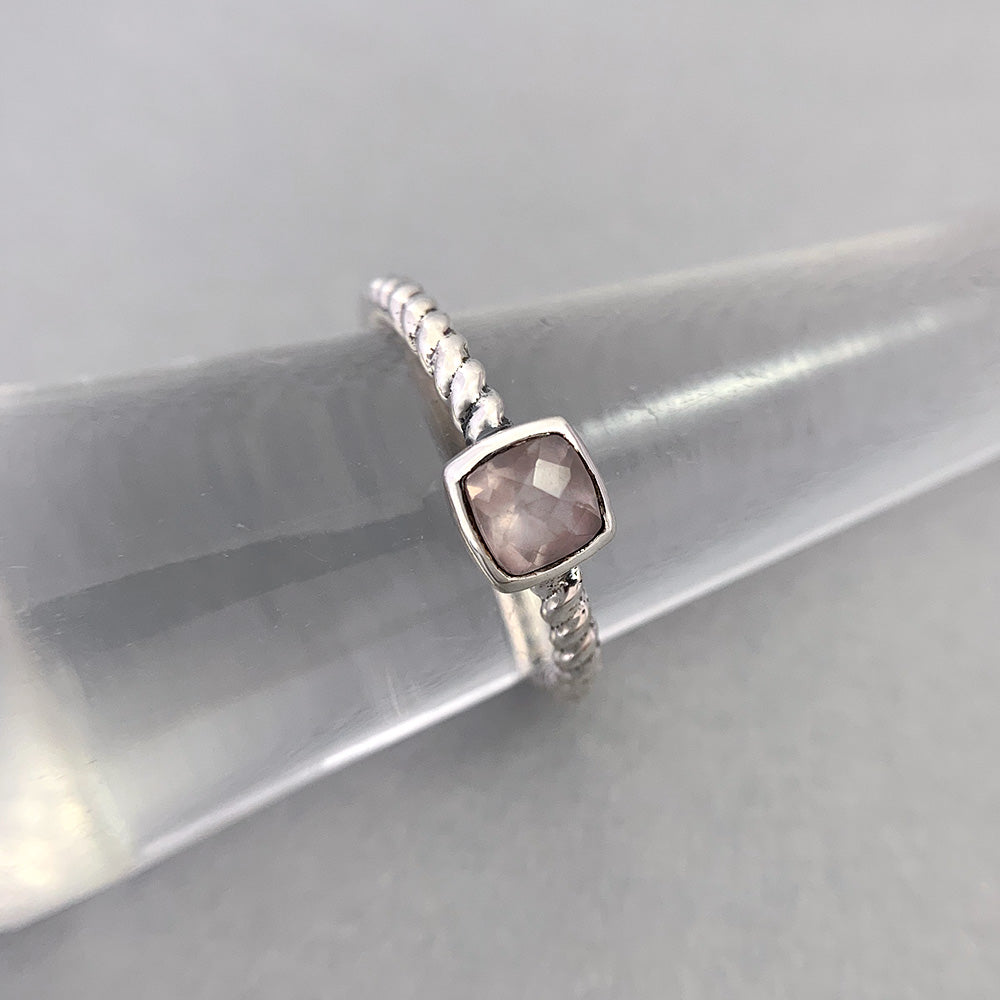 Sandhya Braided Silver Gemstone Ring in Square in Rose Quartz