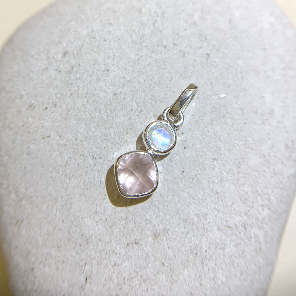 Sandhya Silver Gemstone Geo Pendant in Rainbow Moonstone and Rose Quartz