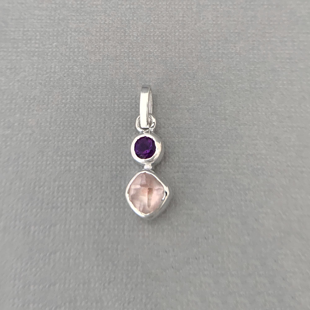 Sandhya Silver Gemstone Geo Pendant in Amethyst and Rose Quartz