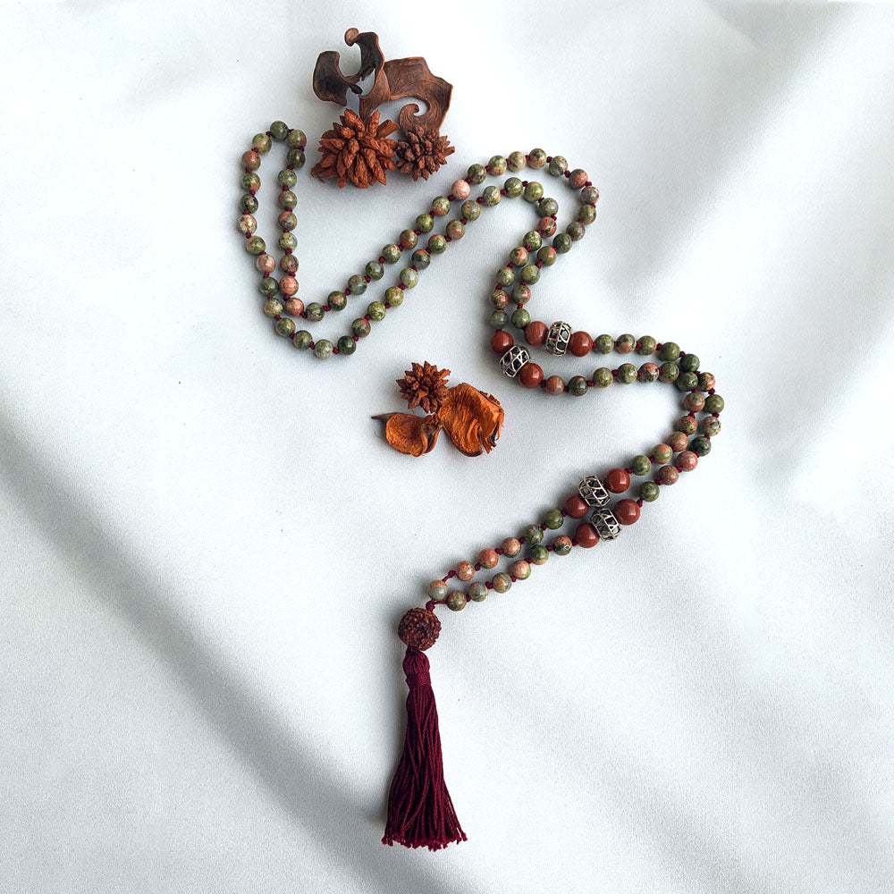 Serenity & Optimism Semi-Precious 108 Bead Zen Japa Mala with Silver Fourseven Beads