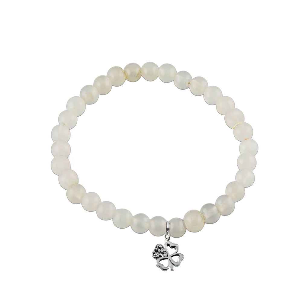 Good Luck Clover Silver Charm with White Onyx Elastic Bead Bracelet