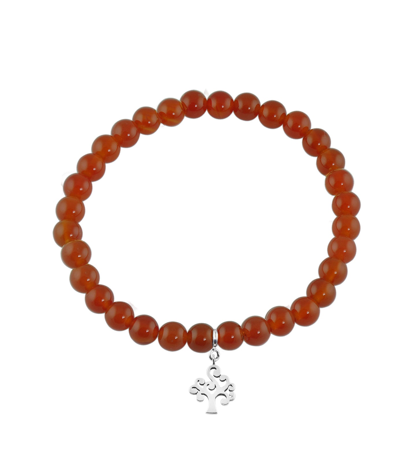 Tree of Life Silver Charm with Red Onyx Elastic Bead Bracelet