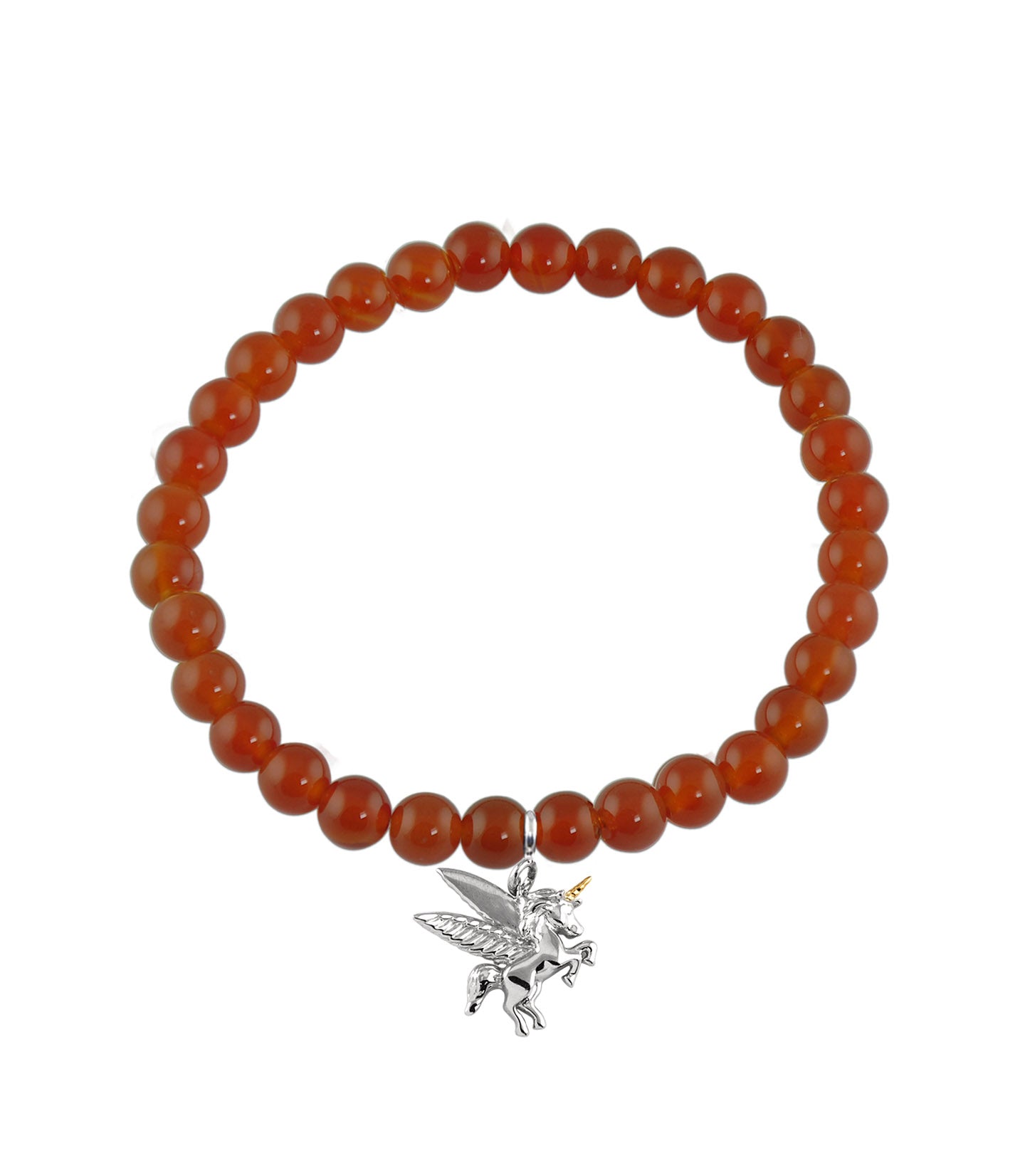 Believe in Magic Unicorn Silver Charm with Red Onyx Elastic Bead Bracelet