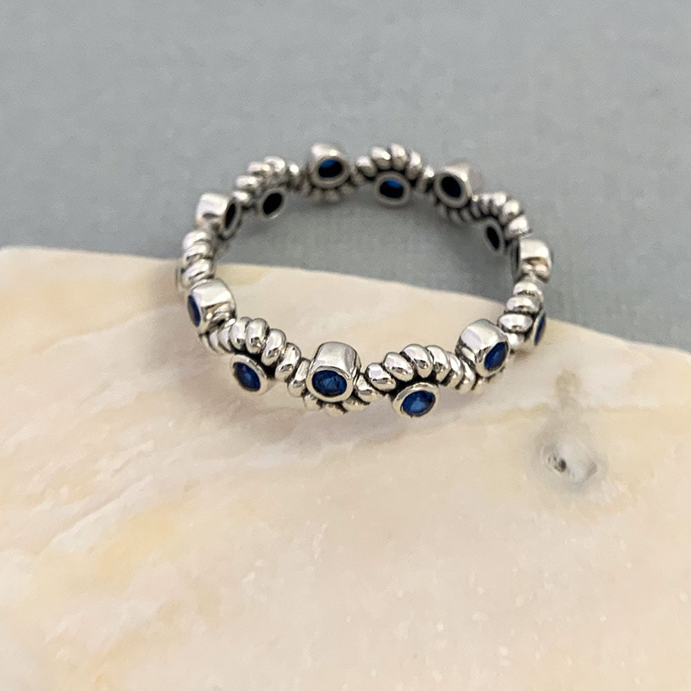 Wavy Rope Silver Band Ring in Sapphire Blue CZ-16