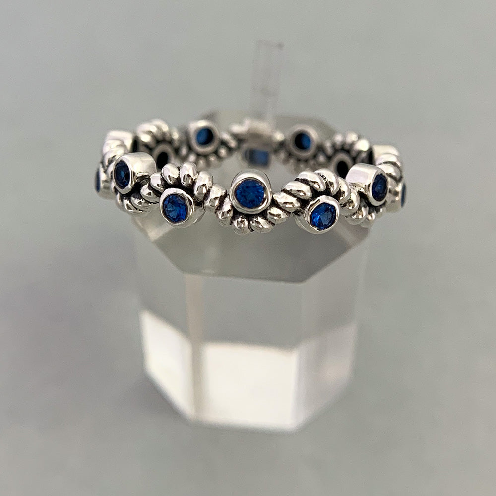 Wavy Rope Silver Band Ring in Sapphire Blue CZ-16